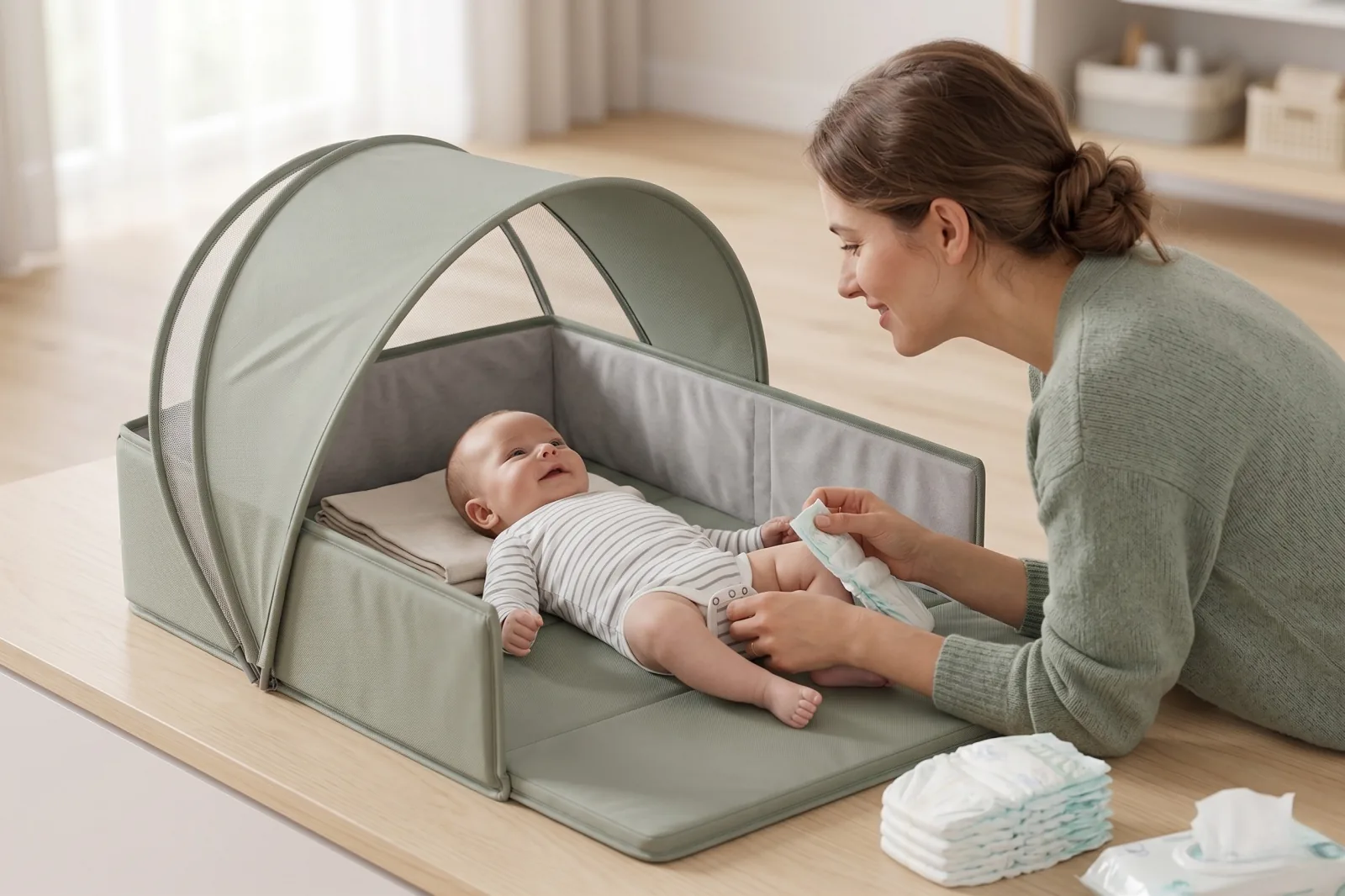 A mother calmly changing her baby inside a Nestly mat — private, soft, and unhurried