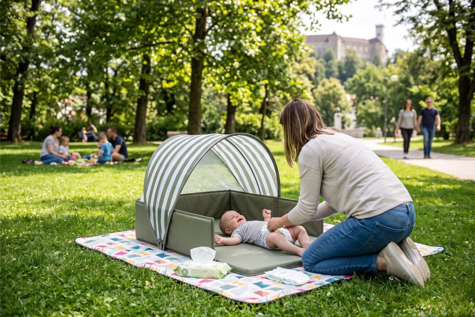 A parent changing their baby inside an open Nestly mat on a picnic blanket in a city park, Ljubljana castle in the background