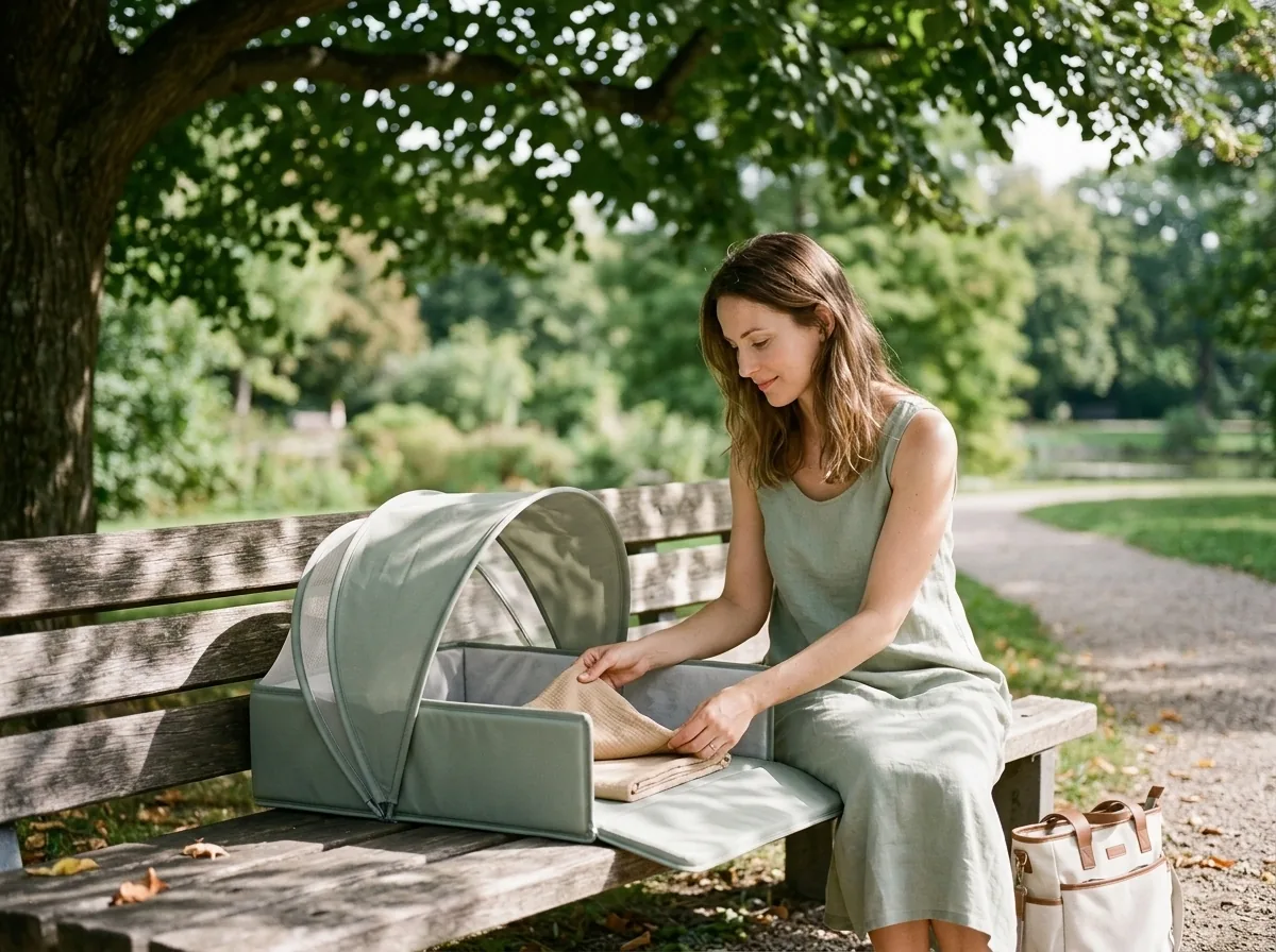 A parent using Nestly on a park bench